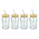 Kit 4 Copos Formato Lata 500ml com Tampa de Bambu e Canudo de Vidro Ideal para Sucos, Café Gelado