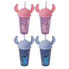 Kit 4 Copos Stitch e Angel 500ml Com Tampa Ludica Canudo Orelhinha para Refri Bpa Free Disney Lembrancinha Festa