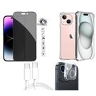 Kit 4 em 1 Capa Transparente + Película 3D Privacidade + Película de Câmera + Cabo Tipo C para Iphone 15 Plus