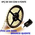 Kit 4 Fita Led 5050 Branco Quente 3000k Luz Amarela Bivolt Com Fonte