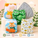 Kit 4 Fraldas Ecológicas Premium Estampas Neutras 4 Absorventes em Microfibra de Pano reutilizáveis Uso diário praia e piscina
