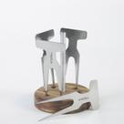 kit 4 Garfos Petiscos Carne Inox + Base Madeira Teca
