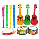Kit 4 Instrumento Musical Pandeiro Flauta Violão E Tambor