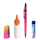Kit 4 Lapiseira Neon 0.5 Rosa + Borracha +Grafite +Vista Lrj