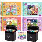 Kit 4 Livros de Colorir Coleção Cute Cozy Coloring Book Capa Dura Espiral Gramatura Alta + 2 Conj 48 Canetinhas