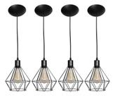 Kit 4 Luminária Pendente Aramado Diamante Preto Cabo Preto