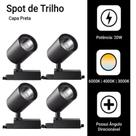 Kit 4 Luminária Preto Trilho Spot Led 20W 3500K Branco Quente