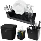 Kit 4 Pç Dispenser + Escorredor de Louça Talheres + Lixeira 2,5 Litros Com Tampa Cozinha Preto - Pop Crippa