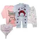 Kit 4 Peça Conjunto Roupa De Bebê Body Mijão Macacão Naninha