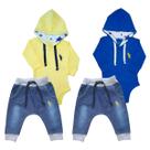 Kit 4 Peças Conjunto Roupa Bebê Body com Capuz e Calça Jeans Kit 4 Peças Conjunto Roupa Bebê Body com Capuz e Calça Jeans
