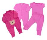 Kit 4 Peças De Bebê Body Manga Curta, Mijão E Macacões Rosa
