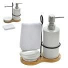 Kit 4 pecas para banheiro ceramica e bambu e metal