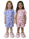 Kit 4 Peças Pijama Infantil Menino e Menina 2 Camisetas 2 Bermudas Estampas Verão 1 a 12 Anos