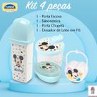 Kit 4 peças Porta Escova Sabonete Leite em Pó Chupeta Mickey Minnie Kit 4 peças Porta Escova Sabonete Leite em Pó Chupeta Mickey Minnie