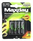 Kit 4 Pilhas Palito Recarregáveis AAA 1.2V Maxday 2800mAh Kit 4 Pilhas Palito Recarregáveis AAA 1.2V Maxday 2800mAh