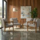 Kit 4 Poltrona Sala Decorativa Dallas Estofada Linho Bege Base Madeira Castanho