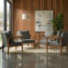 Kit 4 Poltrona Sala Decorativa Dallas Estofada Linho Cinza Base Madeira Castanho