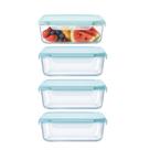Kit 4 Pote de Vidro Marmita Hermético Retangular com Tampa Azul Vedação 640ml Em Casa Tem