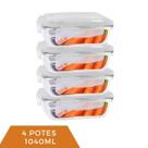 Kit 4 Pote Vidro 1040ML Vai ao Forno Microondas Retan c/Tampa