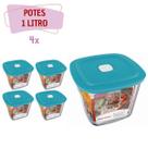 kit 4 Pote Vidro Quadrado Alto Facilita Com Tampa 1L Marinex