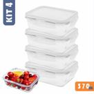 Kit 4 Potes de Vidro 370ml com Tampa Hermética e Anel de Silicone 4 Travas Antivazamento Resistente para Marmitas