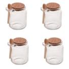Kit 4 Potes de Vidro com Colher de Bambu e Tampa de Rolha 250ml Saleiro Açucareiro