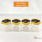 Kit 4 Potes De Vidro Hermético Quadrado Tampa De Bambu 950ml