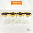 Kit 4 Potes De Vidro Hermético Redondo Tampa De Bambu 1000ml