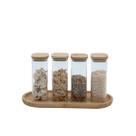 Kit 4 potes de vidro herméticos com tampa de bambu quadrados 250ml e bandeja de bambu 34cm - Oikos
