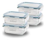 Kit 4 Potes Hermético Vidro Retangular 640ml Marmita 4 Travas Resistente
