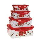 Kit 4 Potes Retangulares Vermelho Floral Tampa com Travas