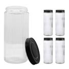 Kit 4 Potes Vidro Canelado 1l Tampa Preta Para Temperos