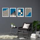 Kit 4 Quadros Artes Bauhaus Azuis e Preto 45x34cm - com vidro