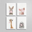 Kit 4 Quadros Bichinhos Chicletes 45X34Cm Com Vidro Preta