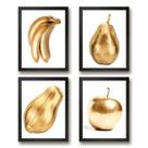 Kit 4 Quadros Cozinha Frutas Douradas 33x24cm