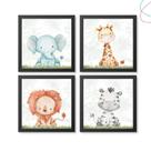 Kit 4 Quadros Decorativos Safari Aquarela Baby moldura vidro