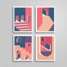 Kit 4 Quadros Figurativo Abstrato Rosa e Azul 33x24cm - com vidro