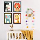 Kit 4 Quadros Infantis Bichos Safari 45x34cm - com vidro