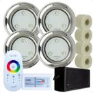 Kit 4 Refletores Led 6w RGB Inox S e Adaptadores Cano 50mm e Comando para Iluminação Piscina Kit 4 Refletores Led 6w RGB Inox S e Adaptadores Cano 50mm e Comando para Iluminação Piscina