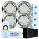Kit 4 Refletores Led 6w RGB Inox S e Comando para Iluminação Piscina Fibra