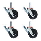 Kit 4 Rodízios Giratórios Roda Metálica Borracha Andaime 6" Trava Freio 1600 kg Reforçado Preto