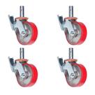 Kit 4 Rodízios Giratórios Roda Metálica Borracha Andaime 6" Trava Freio 1600 kg Reforçado Vermelho