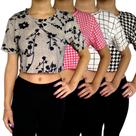 Kit 4 Tops Femininos Blusinhas Manga Curta Soltinhos Estampas Sortidas Viscolycra Pp ao Plus Size