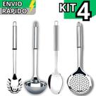 Kit 4 Utensílio de Cozinha Inox Premium Escumadeira Concha Colher de Arroz e Pegador de Massas