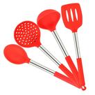Kit 4 Utensílios de Cozinha Silicone com Cabo Inox - Luxo Vermelho