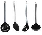 Kit 4 Utensílios Silicone De Cozinha Colheres Pegador Preto