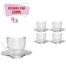 Kit 4 Xícaras Chá Vidro 220mL C/ Pires Moderna Transparente