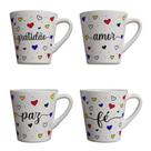 Kit 4 Xicaras de Café , Porcelana Esmaltada Branca Decorada Amor Gratidao Paz Fé