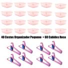 Kit 40 Cestos Organizador Pequeno 16x12x6Cm+60 Cabides Rosa