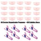Kit 40 Cestos Organizador Pequeno 16x12x6Cm+60 Cabides Rosa